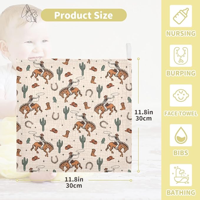 Newborn Face Towel Western Cowboy Cactus Soft Cotton Baby Washcloths 11.8 x 11.8 Inch Infants Girls Boys Muslin Burp Cloths 5 Pack