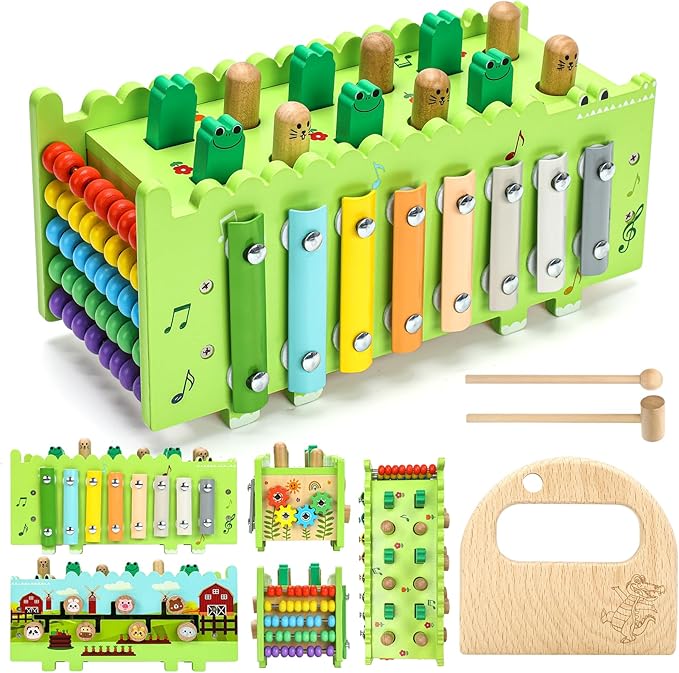 Wooden Activity Cube Montessori Toys for 12+ Months Baby Boys Girls | Hammering Pounding Toys with Abacus, Educational Toddler Activities Toys with Xylophone (Crocodile)