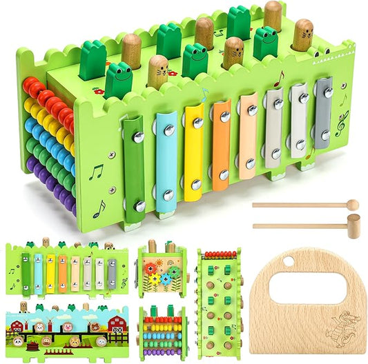 Wooden Activity Cube Montessori Toys for 12+ Months Baby Boys Girls | Hammering Pounding Toys with Abacus, Educational Toddler Activities Toys with Xylophone (Crocodile)
