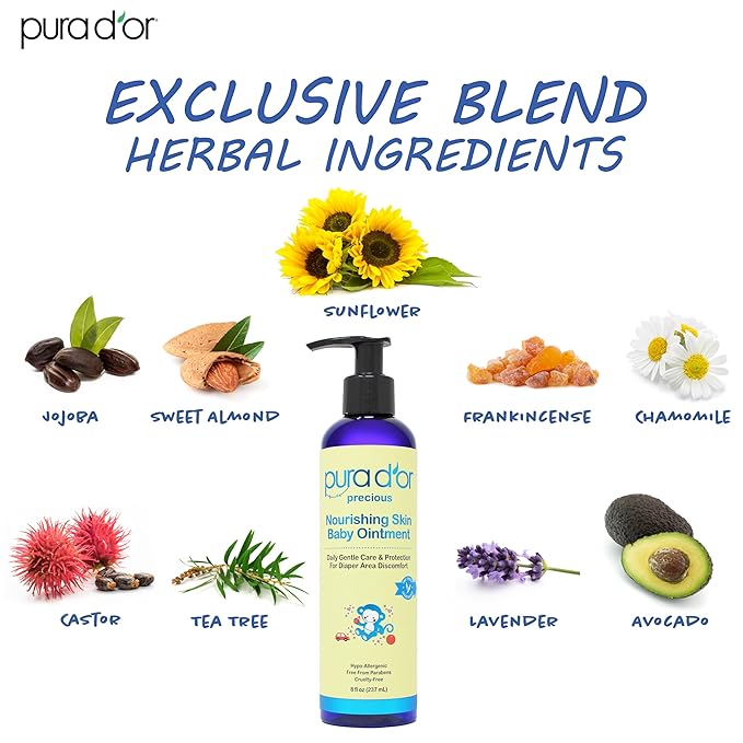 PURA D'OR Baby Ointment, 8 Oz, Moisturizing Balm for Sensitive Skin, Diaper Area, Dryness, Protective Barrier, Gentle Care, Jojoba, Almond, Sunflower, Avocado Oils, Beeswax, Vitamin E, Daily Comfort