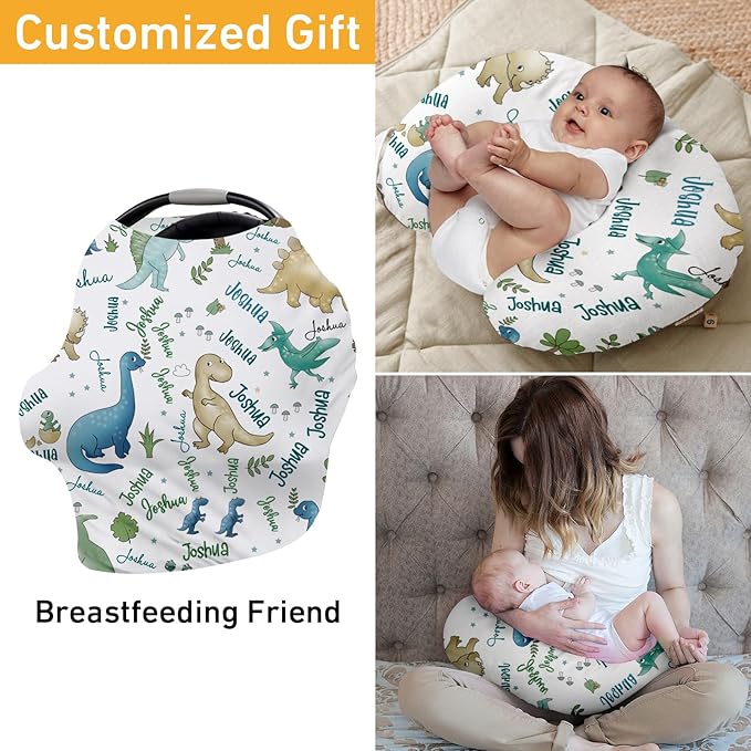 Personalised Car Seat Cover for Girls and Boys - 7 in 1 Light Green Dinosaur Multipurpose Breast Feeding Cover, Nursing Cover, Grocery Cart Cover - Birthday Gift for Babies(27"x29")