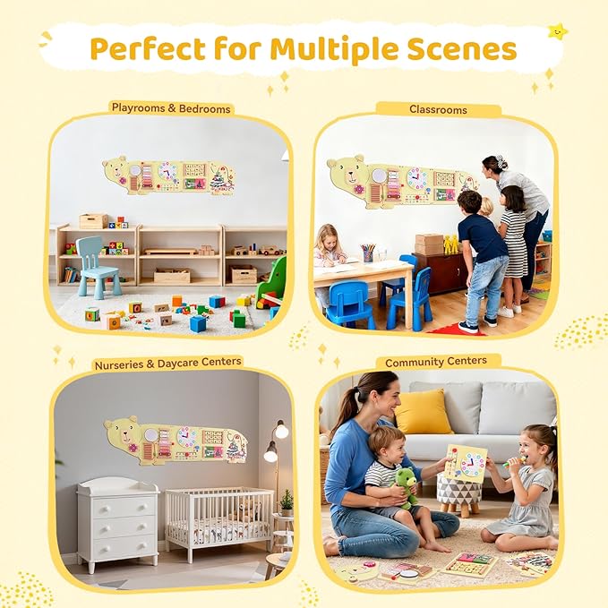Activity Wall Busy Board Panels, Bear Wooden Montessori Sensory Toys, Toddler Learning Activity Center, Sensory Wall Panel Ideal Educational Gift for Boys and Girls