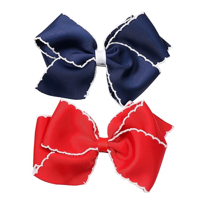 5 Inch Girls' Grosgrain Hair Bow, Alligator Clips Hair Barrettes, Moonstitch Edge Hair Bows (Red + Naive Blue)