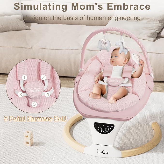 Baby Swings for Infants, Portable Infant Swing with 5-Speeds, 3-Adjustable Height, 3 Timer & 12 Lullabies, Mutil-Function Electric Swing for Baby, Indoor & Outdoor Use (Pink)