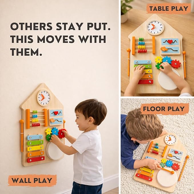 Sensory Busy Board for Toddlers 1–3, Wall Mounted or Portable Tabletop Activity Board, Montessori Toy for Independent Play & Fine Motor Skills