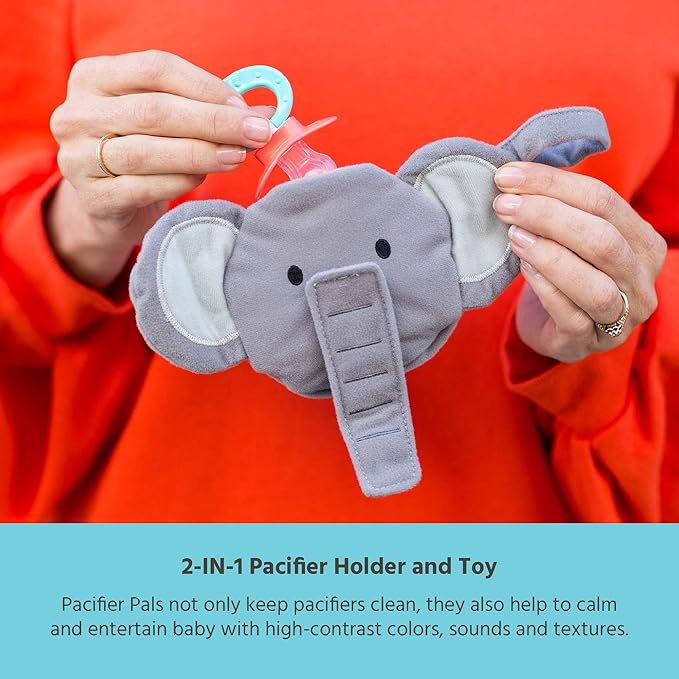 J.L. Childress Pacifier Pal - Pacifier Holder Case and Toy - Plush Binky Holder Toy - Developmental Toy Helps Calm Baby - Opens with One Hand - Fits 2-3 Pacifiers - Elephant