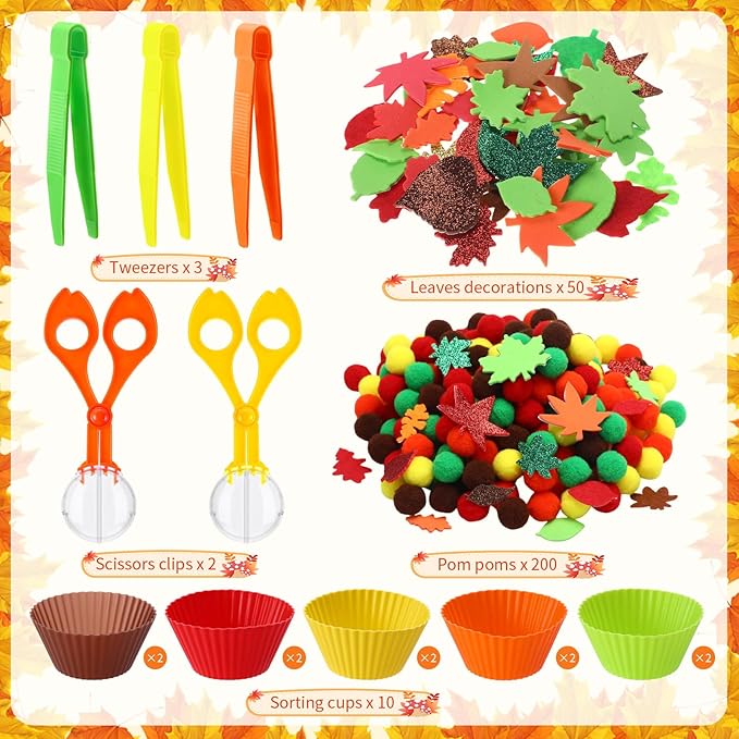 Blosssound 265 Pcs Fall Fine Motor Thanksgiving Counting Sorting Sensory Bin Filler Set Includes Pom Poms Fall Leaves Sorting Cups Tweezers Scissors Clips for Autumn Thanksgiving Decor Early Education