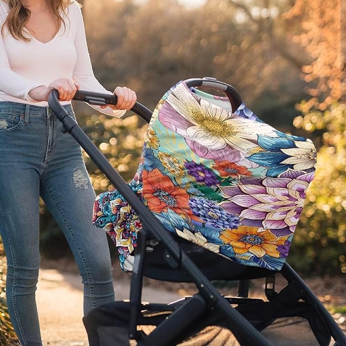 Mandala Flower Car Seat Covers Multi-Purpose Decorative Pram Dust Protector Breastfeeding Scarf Durable Stroller Canopy Covers Washable Breastfeeding Shawl