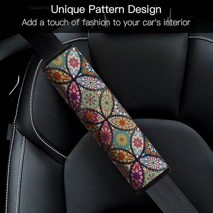 Car Seat Belt Pad Cover, 2-Pack Soft Car Safety Seat Belt Strap Shoulder Pad for Adults and Children, Suitable for Car Seat Belt, Backpack, Shoulder Bag (Pretty Mandala)