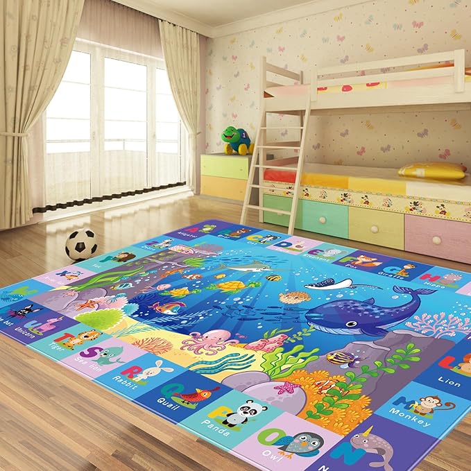 Baby Mat for Floor, Sea Animal Play Rug, ABC Kids Rugs for Playroom, Ocean Playmat Crawling Tummy Time Mat, Non-Toxic Non-Slip Foldable Mats (110.2X78.7 INCH)