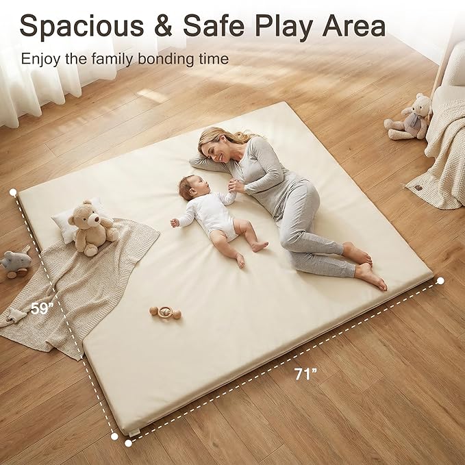 Vegan Leather Baby Play Mat, 71x59 Thicken Foam Play Mat for Infants and Toddlers, Padded & Cushioned Playpen Mat for 71x59 Playpens, 1.2" Thick, Cream