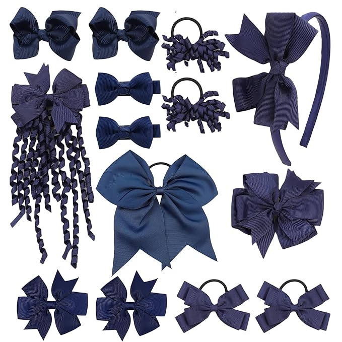 School Hair Accessories Set 14 Pcs Uniform Hair Bow Headband Clips Hair Ties Curly Korker Bows for Little Toddler School Girls (Navy)