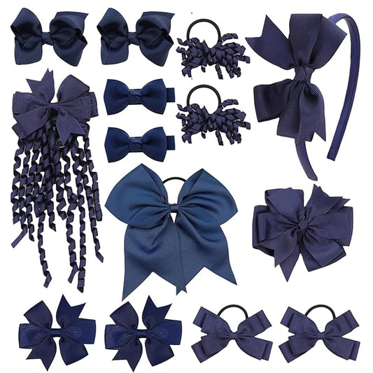School Hair Accessories Set 14 Pcs Uniform Hair Bow Headband Clips Hair Ties Curly Korker Bows for Little Toddler School Girls (Navy)