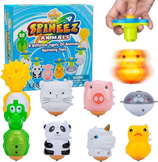 IPIDIPI TOYS Spineez Animal Light Up Spinning Tops – 8 Cute LED Spinners Toys, Easter Basket Stuffers for Kids, Birthday Party Favors, Goodie Bag Stuffers, School Prizes for Boys & Girls