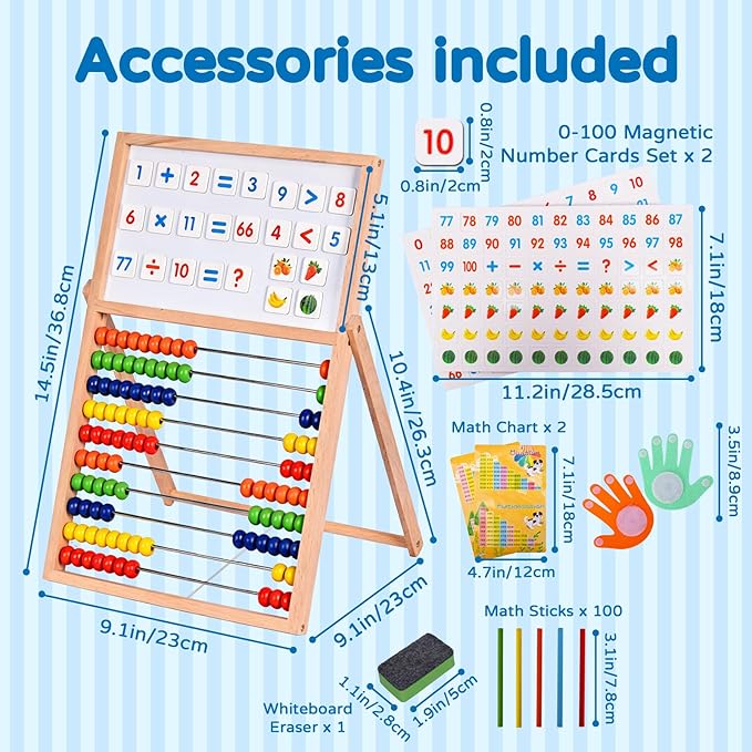Wooden Abacus for Kids Math - Double-Sided Black/Whiteboard for Toddlers with 152 Magnetic Number & Fruit Cards, 100 Counting Sticks and Number Blocks Finger Counting Toys Homeschool Essentials