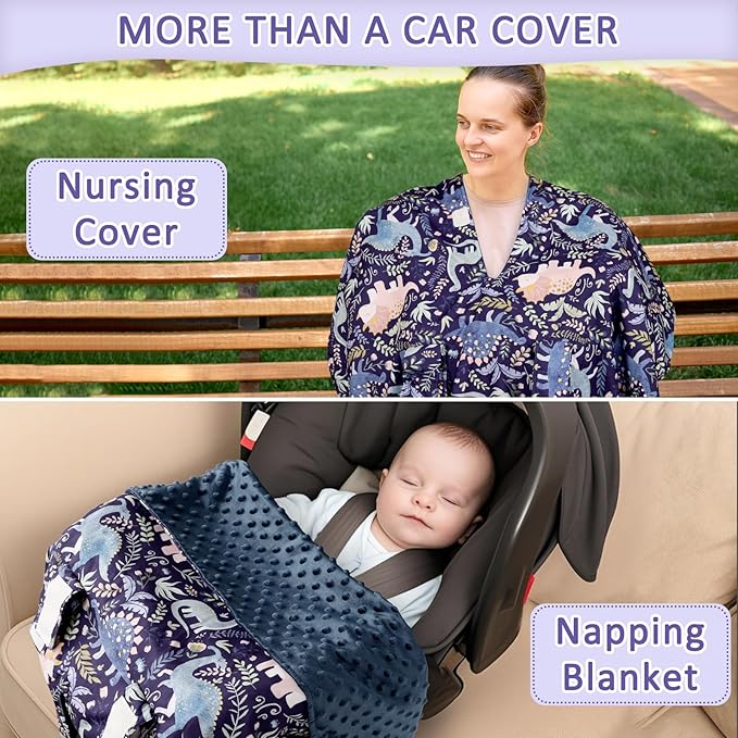 Pea Pod Baby Car Seat Cover, Breathable Infant Carseat Cover for Summer Peekaboo Opening Car Seat Canopy Cover, Nursing Cover for Baby Boys Girls (Blue Dinosaurs)