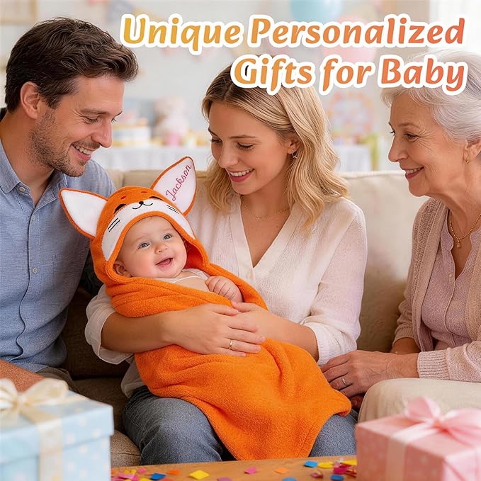 Custom Hooded Baby Towels with Name, Personalized Bunny Easter Gifts for Toddlers, Custom Baby Bath Towels for Newborn, Ultra Soft and Absorbent, Ideal for Girl Boy (Fox)