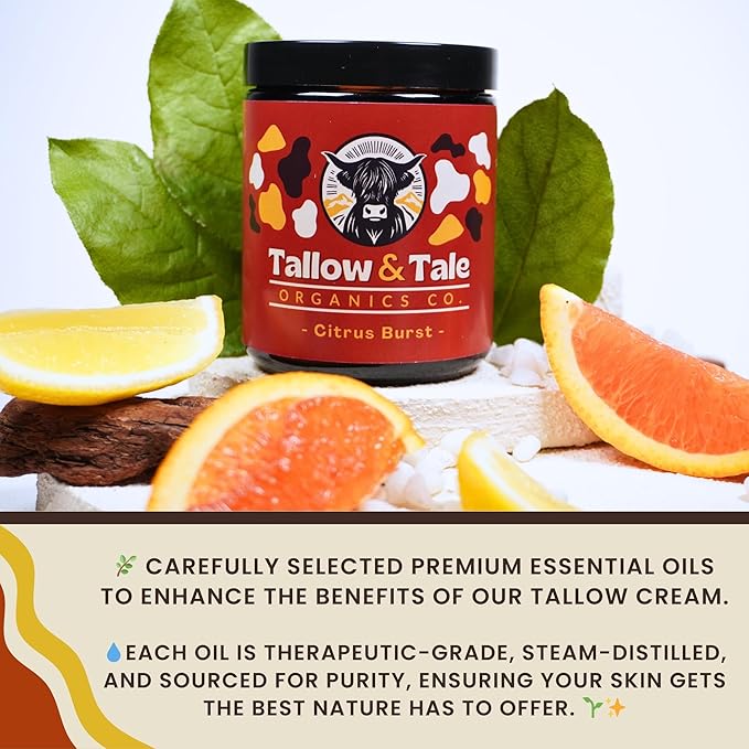 Tallow And Tale Grass-Fed & Finished Organic Tallow Cream | Face & Body Moisturizer | For Sensitive, Dry & Irritated Skin (4 OZ, Citrus Burst - Orange, Lemongrass, Rosemary & Frankincense)