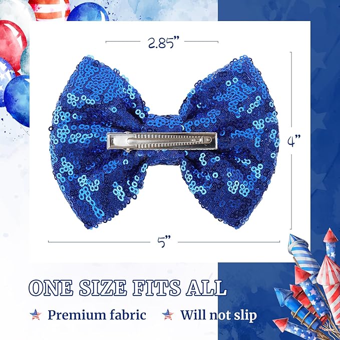 4th of July Alligator Clips with Sequins, Sparkly Glitter Hair Accessories for Toddler Girls - Patriotic Blue Baby Gift