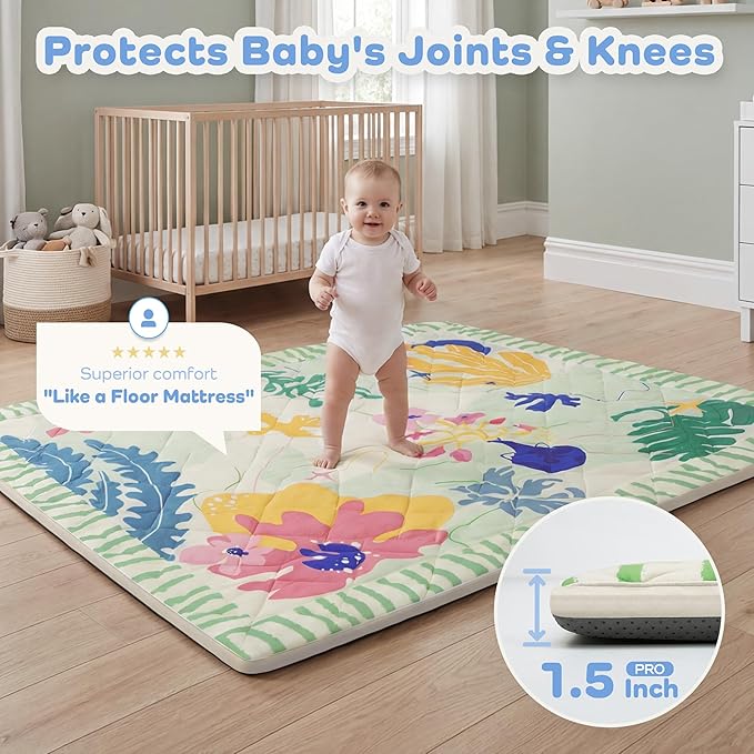 1.5" Thicker Baby Play Mat for Floor, 59x71 Removable & Machine Washable Cover Playpen Mat Softness Foam Mats, Easy-Clean Hygienic, Comfort Safety Kids Crawling Living Room (Dazzling World)