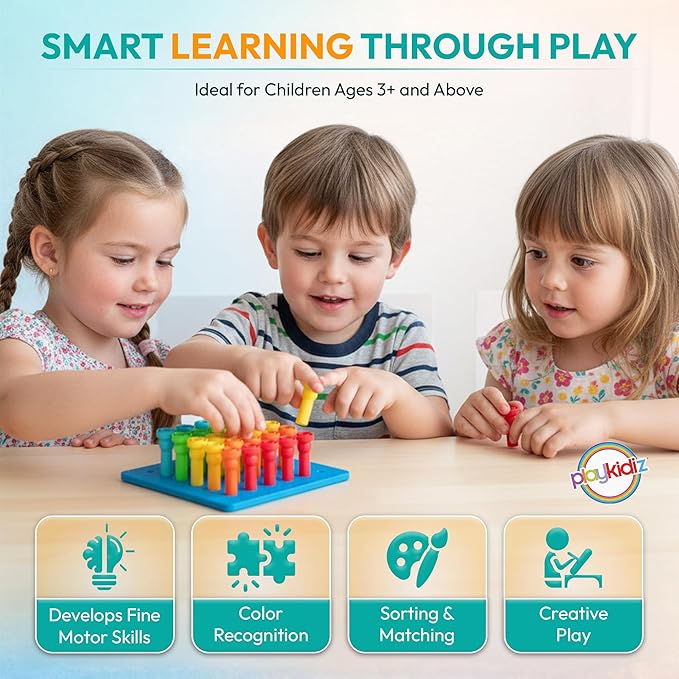 Play Build Kids Peg Board Building Set 26 Pieces - STEM Construction with Colorful Pegs & Shapes, Fine Motor Skills Learning Toy, Montessori Toddler Building Toys for Boys & Girls Age 3+