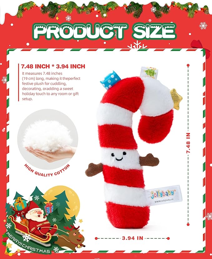 Jollybaby Car Seat Stroller Crib Toy for Baby 0-6-12-18-36 Months, My Baby First Christmas Toy Candy Cane Squeaker, Tummy Time Infants/Newborns Easter Gifts for Boy and Girl