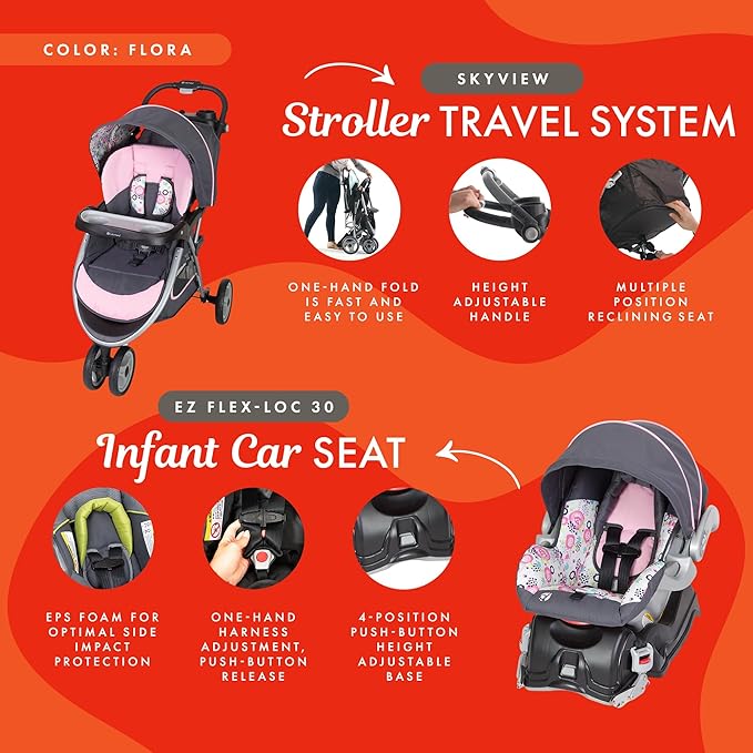 Baby Trend Skyview Stroller Travel System with EZ Flex-Loc Infant Car Seat, Flora