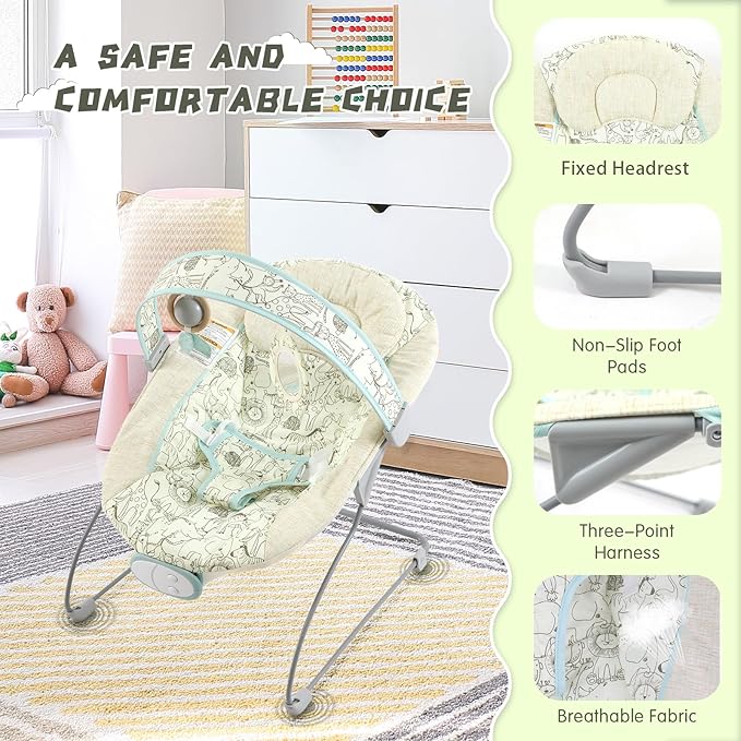 Portable Baby Bouncer Seat with 8 Melodies, 3 Vibration Levels & Adjustable Volume, Foldable Infant Bouncer Rocker with Safety Harness for Baby 0-6 Months, Indoor & Outdoor Use BR2404