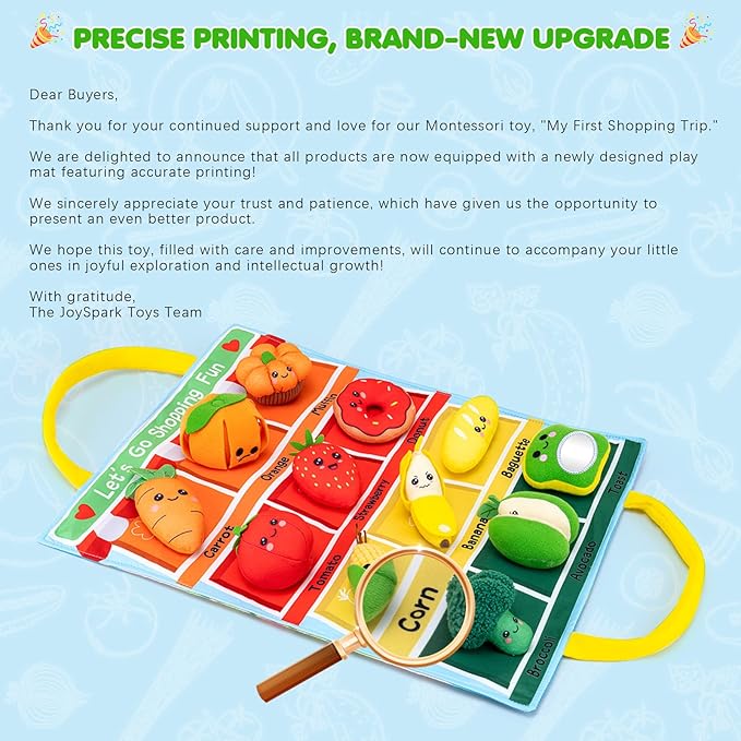 Montessori Toys for 1 Year Old – My First Shopping Trip Baby Sensory Toy, Color Sorting Play Food with Crinkle & Rattle, Fine Motor Skills Learning Gift for 1 2 3 Year Old Boy Girl Birthday Christmas