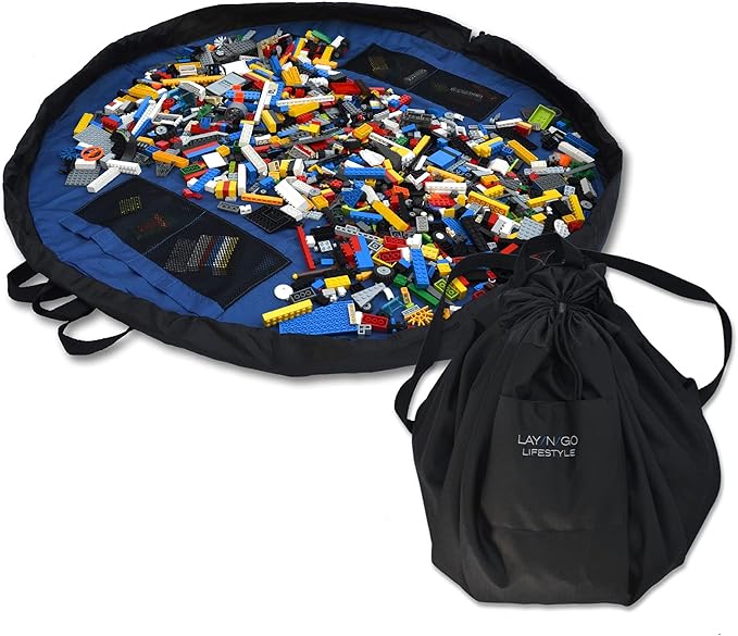 Lay-n-Go Layflat Portable Drawstring Cinch Storage Toy & Mini Figures Organizer & Play Mat, Mesh Pockets, Home & Travel, Kids & Toddlers Playdates, 2 Straps for Backpack, Durable, Machine Washable