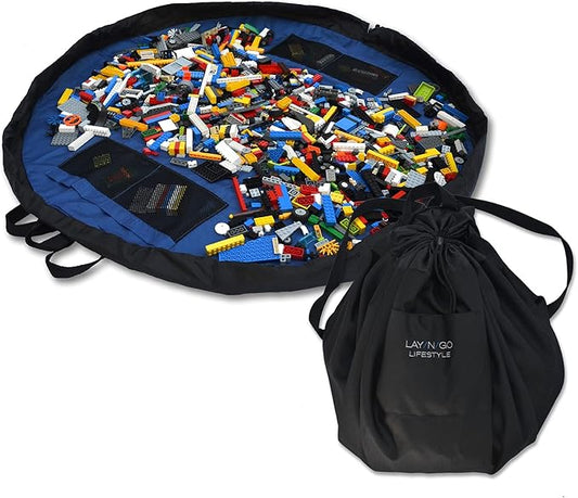 Lay-n-Go Layflat Portable Drawstring Cinch Storage Toy & Mini Figures Organizer & Play Mat, Mesh Pockets, Home & Travel, Kids & Toddlers Playdates, 2 Straps for Backpack, Durable, Machine Washable