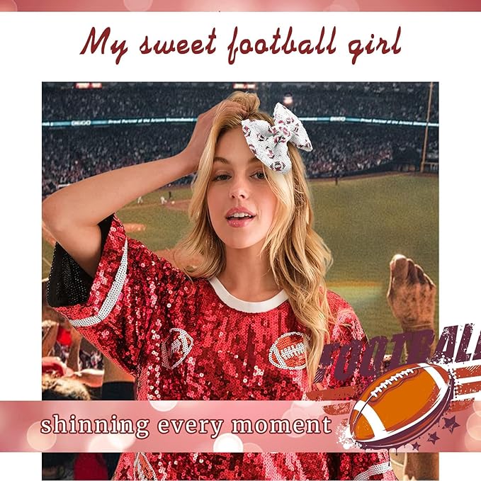 Cute Football Bows Hair Clips Sparkle Sequin Bows for Toddler Girls Football Accessories Glitter Bows for Girls Gifts for Women Big Hair Clips