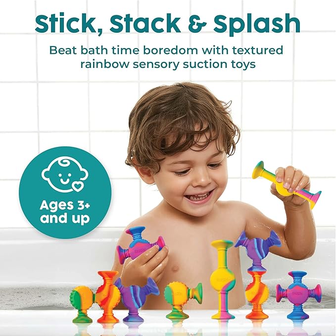 BUNMO Rainbow Textured Suction Toys – 10 Pack | Bath Toys and Suction Toys | Silicone Kids Bath Toys for Kids Ages 3+ | Bathtub Toys, Shower Toys & Travel | BPA-Free