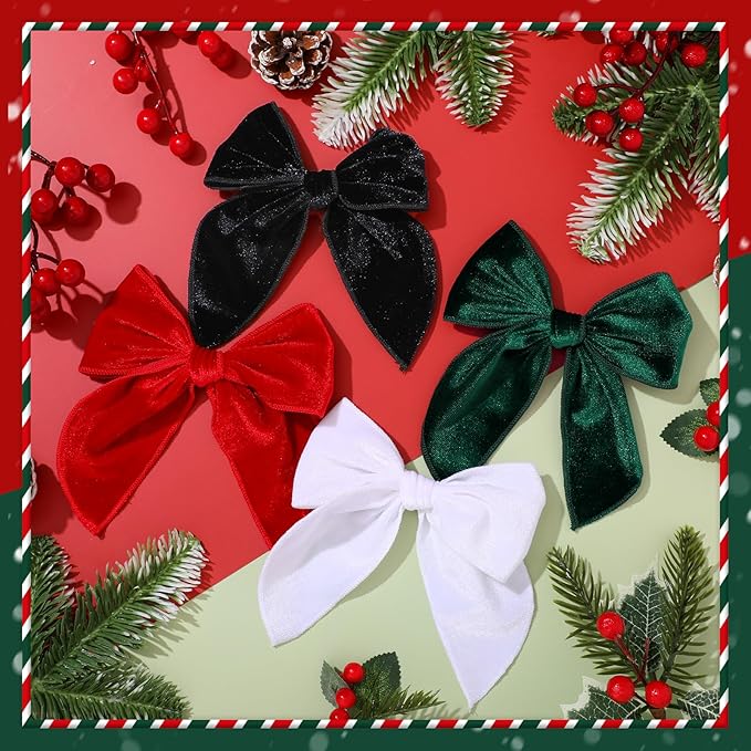 Christmas Hair Bows for Girls, 4 Pcs Velvet Bow Hair Clips, Fable Hair Accessories for Little Girls Toddler Kids (Medium, 5in)