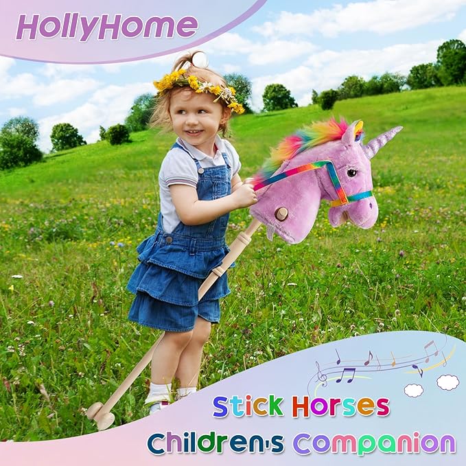 HollyHOME Unicorn Stick Horse Handcrafted Hobby Horse on a Stick with Wood Wheels Real Pony Neighing and Galloping Sounds Plush Unicorn Toy Purple 36 Inches(AA Batteries Required)