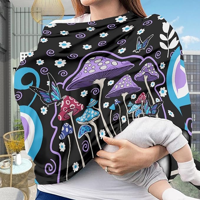 Mushroom Butterfly Daisy Print Baby Carseat Cover Multi Stroller Canopy,Comfortable Privacy Nursing Breastfeeding Cover Scarf for Family