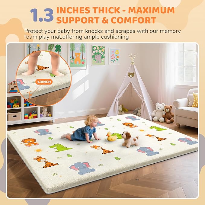 Omzer Baby Play Mat for Floor - 1.3" Thick Foam 65x50 Inch Playpen Mats with Removable & Washable Cover for Tummy Time, Soft Coral Velvet & Non-Slip Crawling Pad for Babies, Toddlers, Infants - Beige