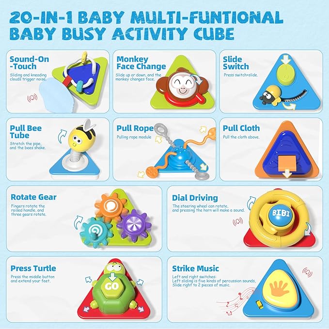 20-in-1 Toddler Busy Board Cube Toys, Early Educational Montessori Sensory Toy for Toddler 1-3, Montessori Toys for 1 2 Year Old Boys Girls Kids, Travel Toy Gifts for 1 2 Year Old Boy Girl