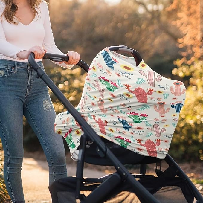 Biyejit Colorful Cactus Baby Car Seat Canopy Cover | Breathable & Stretchy Multi Use Cover for Breastfeeding, Nursing, High Chair, Shopping Cart, Strollers