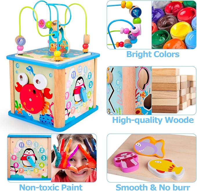 rolimate Wooden Activity Cube Best Christmas Gifts for 3 Year Old and Up Boy Girl Shape Sorter Activity Center for Baby Kid Toddler Preschool Learning Toys Educational Travel Toys