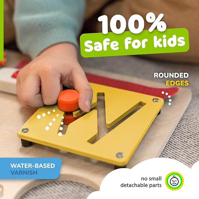 deMoca Sensory Busy Board for Toddlers, Premium Wooden Toddler Busy Board for 1 2 3 Year Old with 10 Educational Activities for Fine Motor Skills, Fidget Activity Toy for Travel