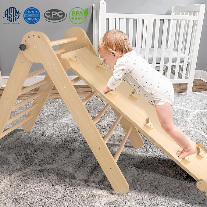5 in 1 Montessori Pikler Triangle Climbing Set, Large Indoor Foldable Wooden Baby Climbing Gym Climber with Arch Slide for Toddler 1-3