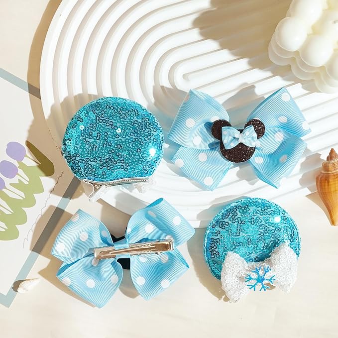2 Pairs Blue Mouse Ears Hair Clips & Mouse Hair Bows Barrettes for baby Girls Accessories Birthday Party Decorations Gift