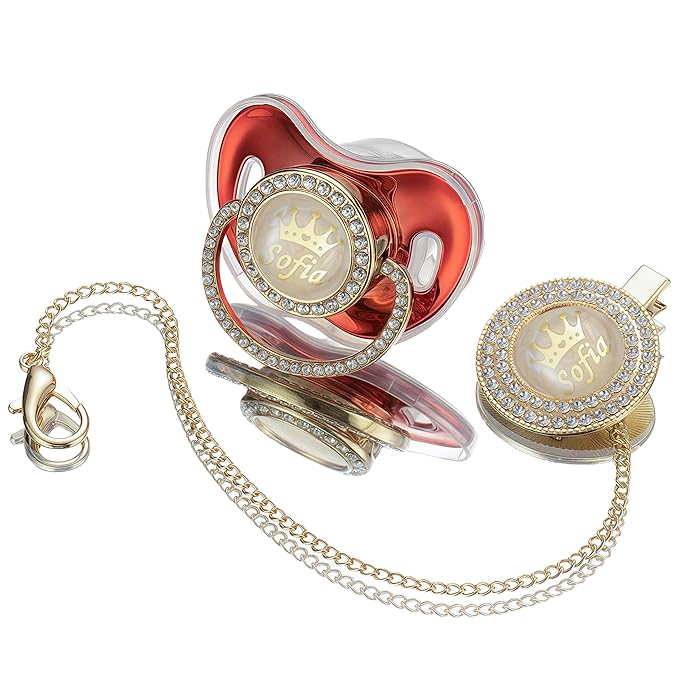 Sparkling Bling Custom Baby Pacifiers and Clips/Holder Kit with Name Personalized with Rhinestones for Boy and Girl Baby Shower (Metallic Red)