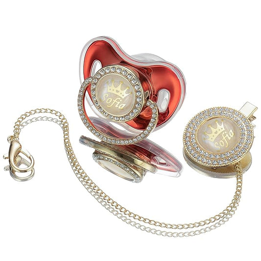 Sparkling Bling Custom Baby Pacifiers and Clips/Holder Kit with Name Personalized with Rhinestones for Boy and Girl Baby Shower (Metallic Red)