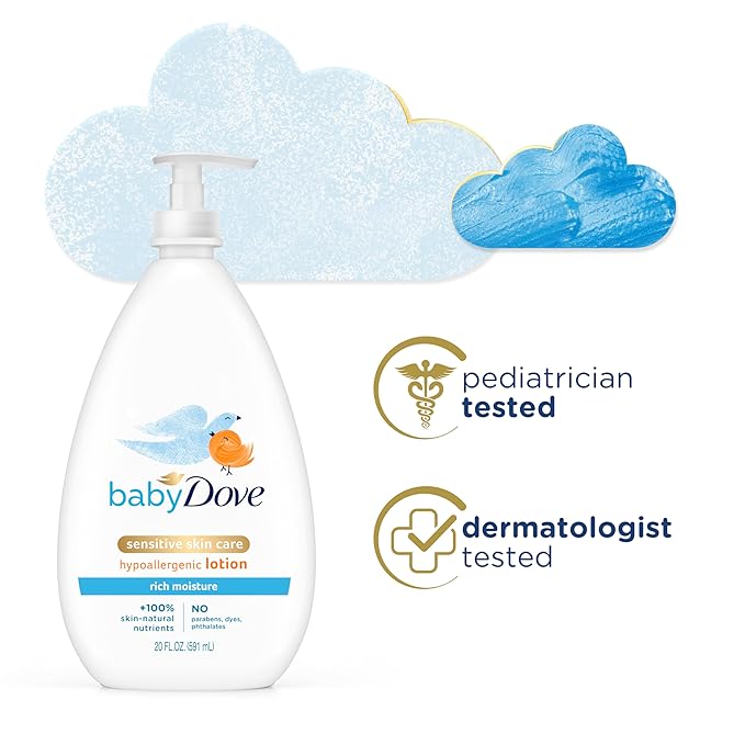 Baby Dove Face and Body Lotion for Sensitive Skin Moisture Fragrance-Free Baby Lotion 20 oz & Rich Moisture Face and Body Lotion 24-Hour Moisturizer 20 fl oz Bundle