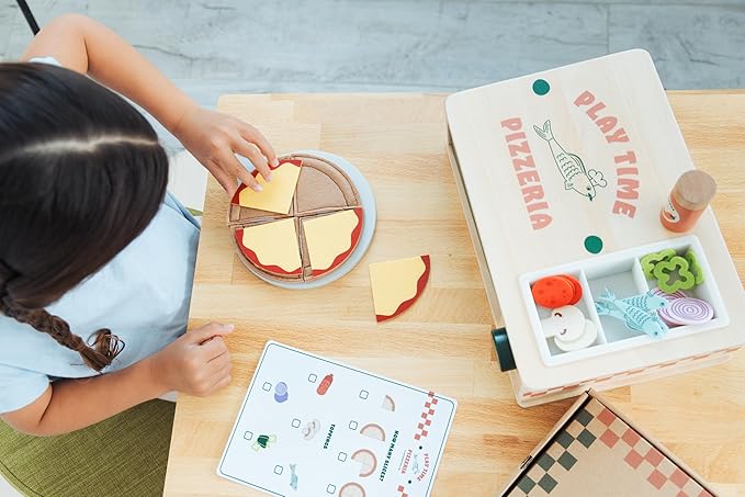 Pearhead Wooden Pizzeria Montessori Pretend Play Food Set, 38-Piece Play Kitchen Accessories, (38 Pcs) Toy Pizza Oven with Pizza Toppings Food Set, Preschool Toys for Toddlers, Ages 3+ Years