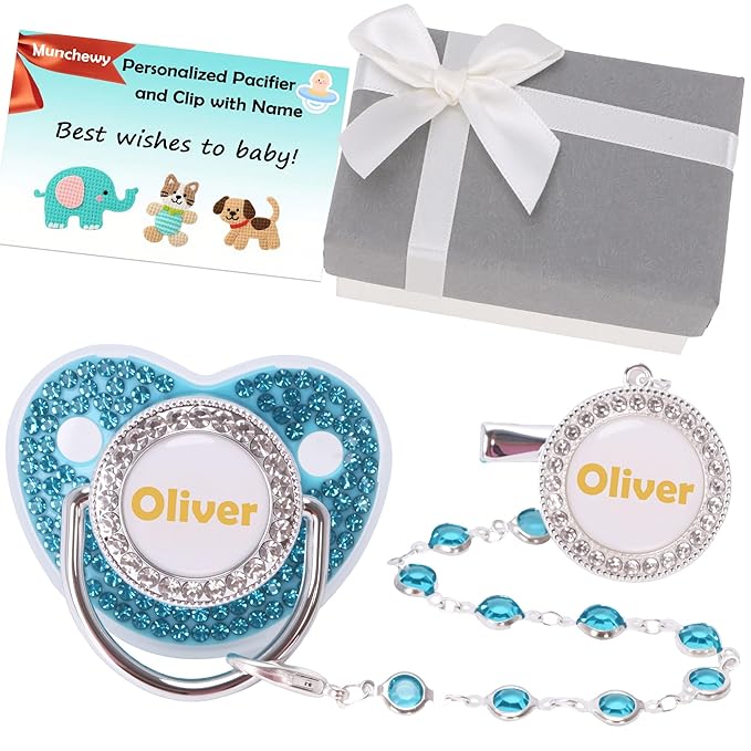 Personalized Pacifier with Name, Customized Pacifier Set with Gift Box, Bling Crystal Soother, Ideal Gift for Boys Baby Shower Birthday Christmas(Blue)