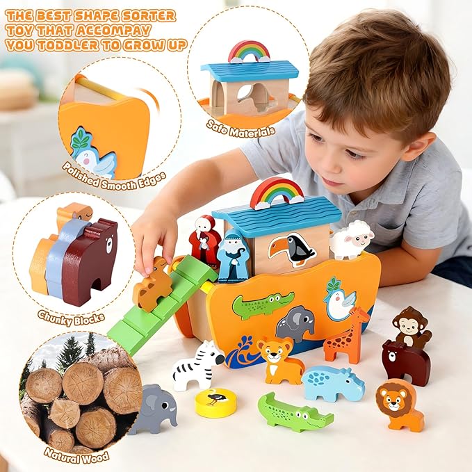 Hoarosall 27-Piece Wooden Noah's Ark Toy for 1-3 Year Olds Baptism Christmas Birthday Gift Bilingual Bible Story Montessori Shape Sorter Christian Educational Toy for Boys Girls