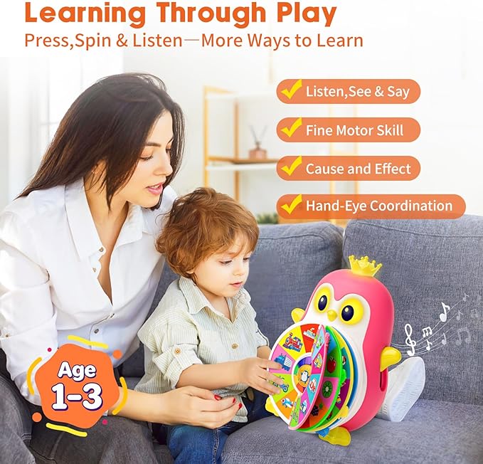 Vahome Musical Penguin Educational Toys for 1,2 Year Old Girl Gifts, Learning Toy for Toddlers 1-3 Yr with 5-Theme Pages, Lights & Music, First Birthday Gift for 1-2 Year Old 12-18 Month Age (Pink)